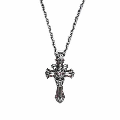 Royal cross necklace skull pendant silver red stone