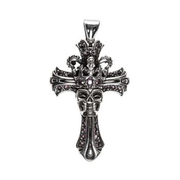 Collier croix royale tête de mort pendentif argent pierre rouge 2