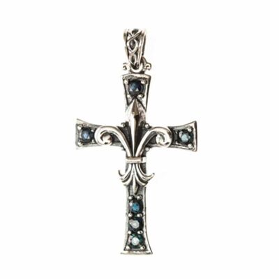 Silver pendant cross of lilies blue stones