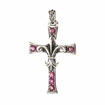 Silver pendant cross of lilies with red stones