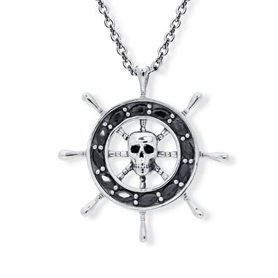 Silver pendant for men pirate bar with central black stone skull