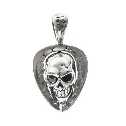 Tête de mort et médiator pendentif pierre noire argent