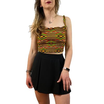 Top with thin straps in wax fabric and elastic threads. kente 2.