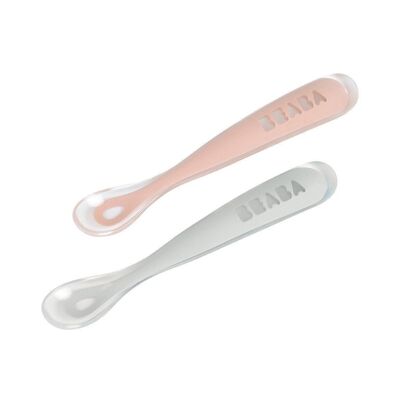 BEABA, Set di 2 cucchiai in silicone 1a età con scatola di trasporto set rosa antico