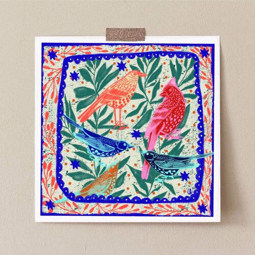 Five birds and leaves square print