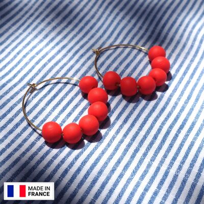 BENBEN- Bright red pearls summer hoop earrings | Geometric minimalist style | Ultra light original colored earrings | Helka