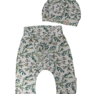 Ensemble nouveau-né branches d'olivier pantalon + bonnet taille 56