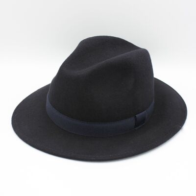 Classic Wool Fedora Hat with Navy Ribbon