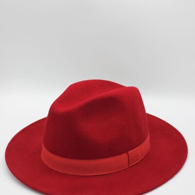 Classic Wool Fedora Hat with Ribbon Red
