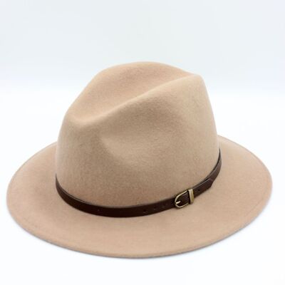 Classic Wool Fedora Hat with Belt - Beige