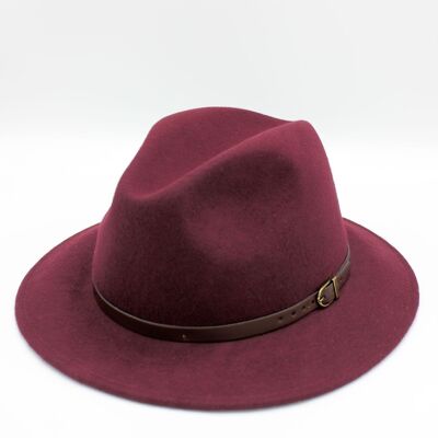 Classic Wool Fedora Hat with Belt - Burgundy