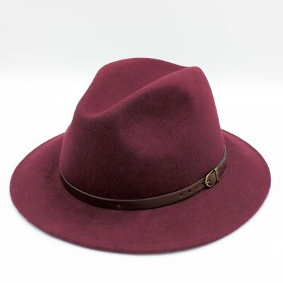 Classic Wool Fedora Hat with Belt - Burgundy