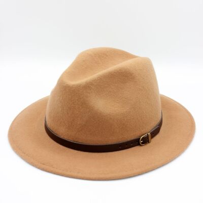 Chapeau Fedora en laine classique avec ceinture - Camel