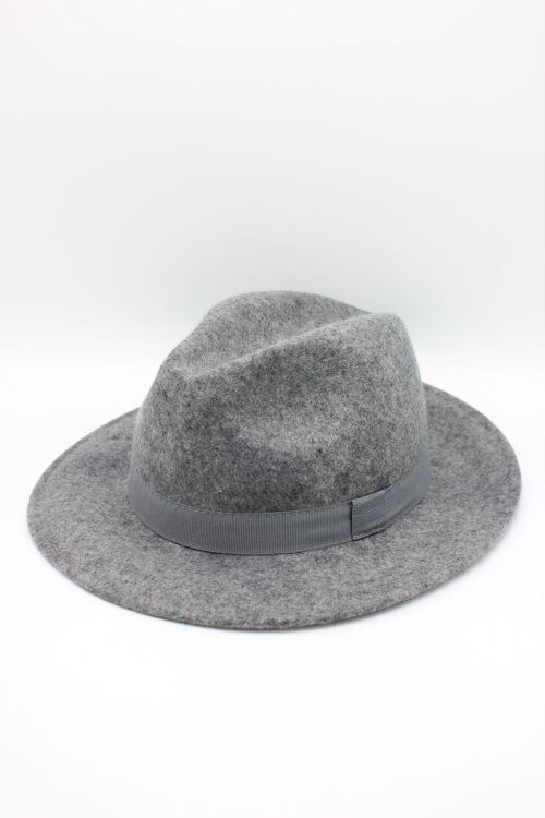 Chapeau Fedora en laine classique chiné avec ruban Gris Clair