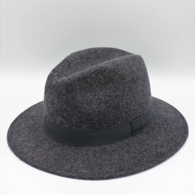 Chapeau Fedora en laine classique chiné avec ruban Gris Foncé