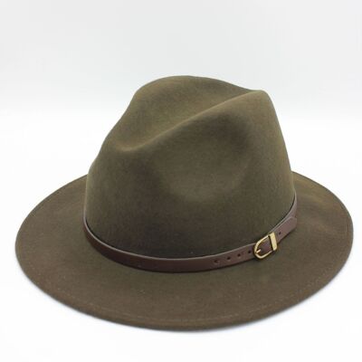 Classic Wool Fedora Hat with Belt - Khaki