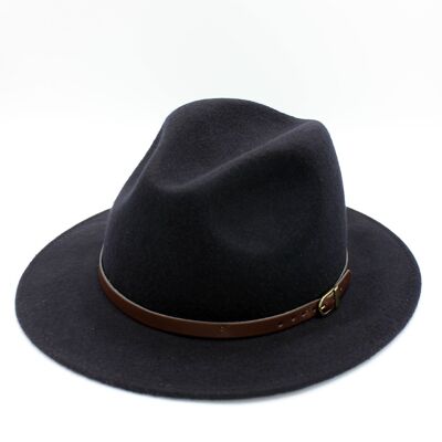 Classic Wool Fedora Hat with Belt - Navy
