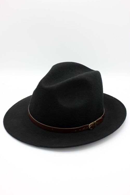 Chapeau Fedora en laine classique avec ceinture - Noir
