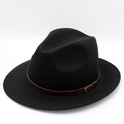 Chapeau Fedora en laine classique avec ceinture - Noir