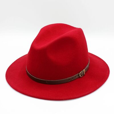 Classic Wool Fedora Hat with Belt - Red