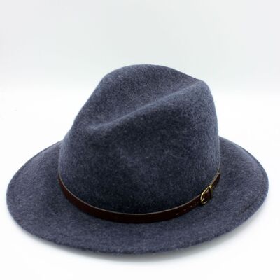 Sombrero fedora de lana jaspeada con cinturón - Azul marino