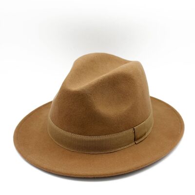 Waterproof Crushable Wool Fedora Hat with Ribbon Camel