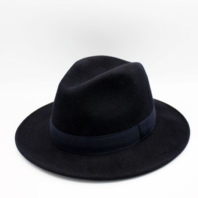 Cappello Fedora impermeabile in lana stropicciabile con nastro blu navy