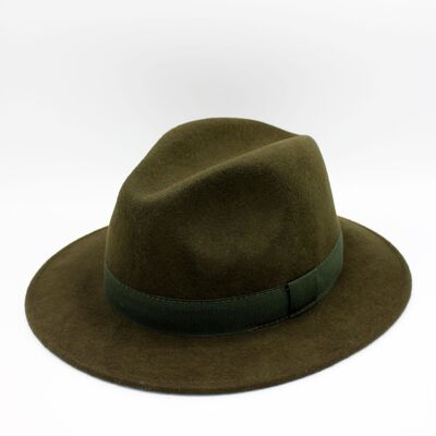 Cappello Fedora impermeabile in lana stropicciabile con nastro Kaki