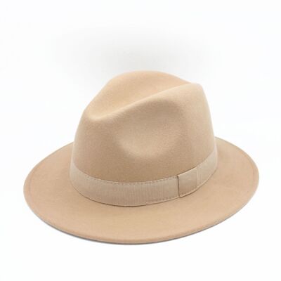 Waterproof Crushable Wool Fedora Hat with Ribbon Beige