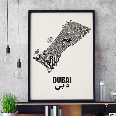 Lugar de letras Dubai negro sobre blanco natural - 50x70cm - serigrafiado - enmarcado