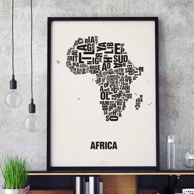 Lugar de las letras Africa Afrika Black sobre blanco natural - 50x70cm-serigrafiado-enmarcado