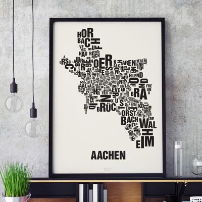 Place of the letters Aachen black on natural white - 50x70cm-screen-printed-framed