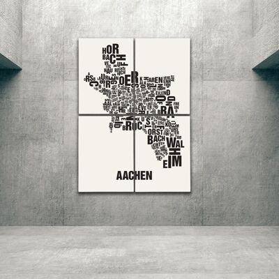 Buchstabenort Aachen Schwarz auf Naturweiß - 140x200cm-als-4-teiliger-keilrahmen