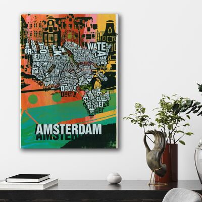 Lieu des lettres Amsterdam Grachten impression d'art - 50x70cm-toile-sur-châssis