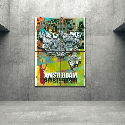 Buchstabenort Amsterdam Grachten Kunstdruck - 140x200 cm-als-4-teiliger-keilrahmen