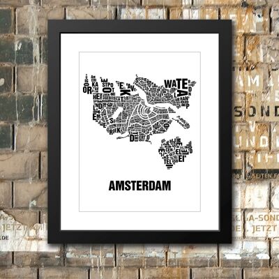 Letter location Amsterdam black on natural white - 40x50 passe-partout framed