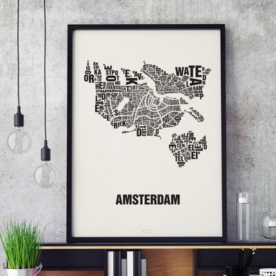 Lugar de las letras Amsterdam negro sobre blanco natural - 50x70cm-serigrafiado-enmarcado
