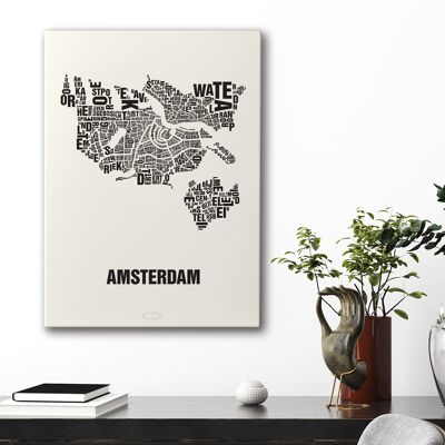 Lugar de letras Amsterdam negro sobre blanco natural - 50x70cm-lienzo-en-camilla