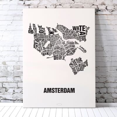 Lugar de letras Amsterdam negro sobre blanco natural - 70x100cm-lienzo-en-camilla