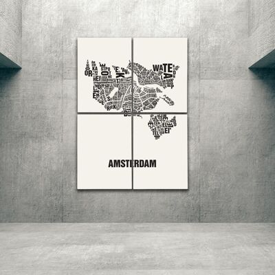 Lugar de letras Amsterdam negro sobre blanco natural - 140x200cm-en-camilla en 4 partes
