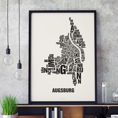 Luogo delle lettere Augsburg nero su bianco naturale - 50x70cm-serigrafato-incorniciato