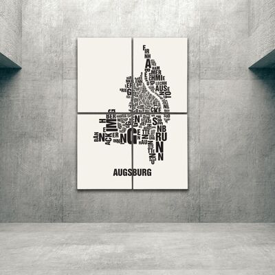 Buchstabenort Augsburg Schwarz auf Naturweiß - 140x200cm-als-4-teiliger-keilrahmen