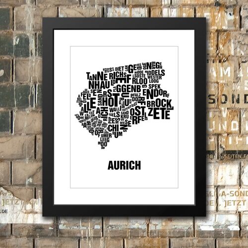 Buchstabenort Aurich Schwarz auf Naturweiß - 40x50-passepartout-gerahmt