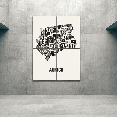 Buchstabenort Aurich Schwarz auf Naturweiß - 140x200cm-als-4-teiliger-keilrahmen