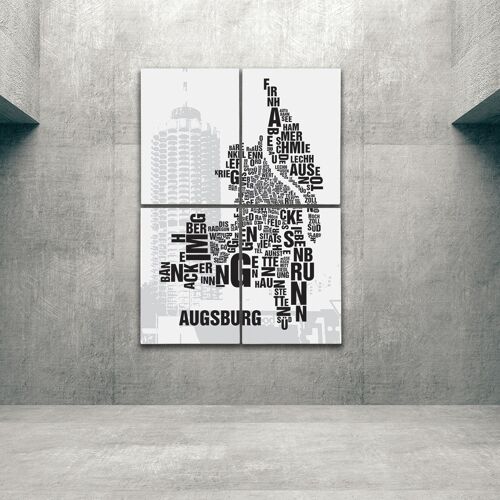 Buchstabenort Augsburg Hotelturm - 140x200cm-als-4-teiliger-keilrahmen
