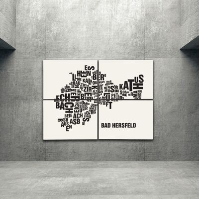 Buchstabenort Bad Hersfeld Schwarz auf Naturweiß - 140x200cm-als-4-teiliger-keilrahmen