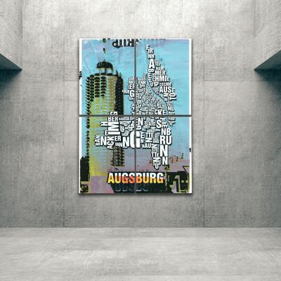 Buchstabenort Augsburg Hotelturm Kunstdruck - 140x200 cm-als-4-teiliger-keilrahmen