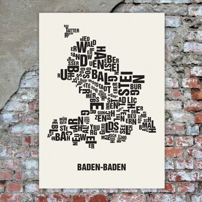 Luogo delle lettere Baden-Baden nero su bianco naturale - 50x70cm-serigrafia fatta a mano