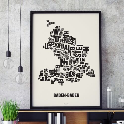 Buchstabenort Baden-Baden Schwarz auf Naturweiß - 50x70cm-siebdruck-gerahmt