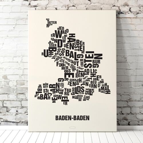 Buchstabenort Baden-Baden Schwarz auf Naturweiß - 70x100cm-leinwand-auf-keilrahmen